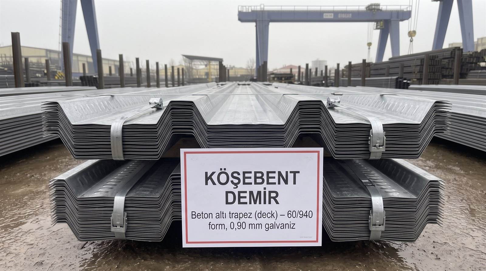 Beton altı trapez (deck) 60/940 form, 0,90 mm galvaniz — açık stok sahasında demet