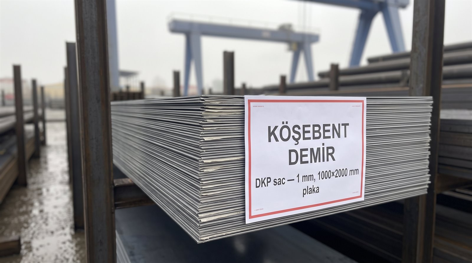 DKP sac 1 mm, 1000×2000 mm plaka — açık stok sahasında demet