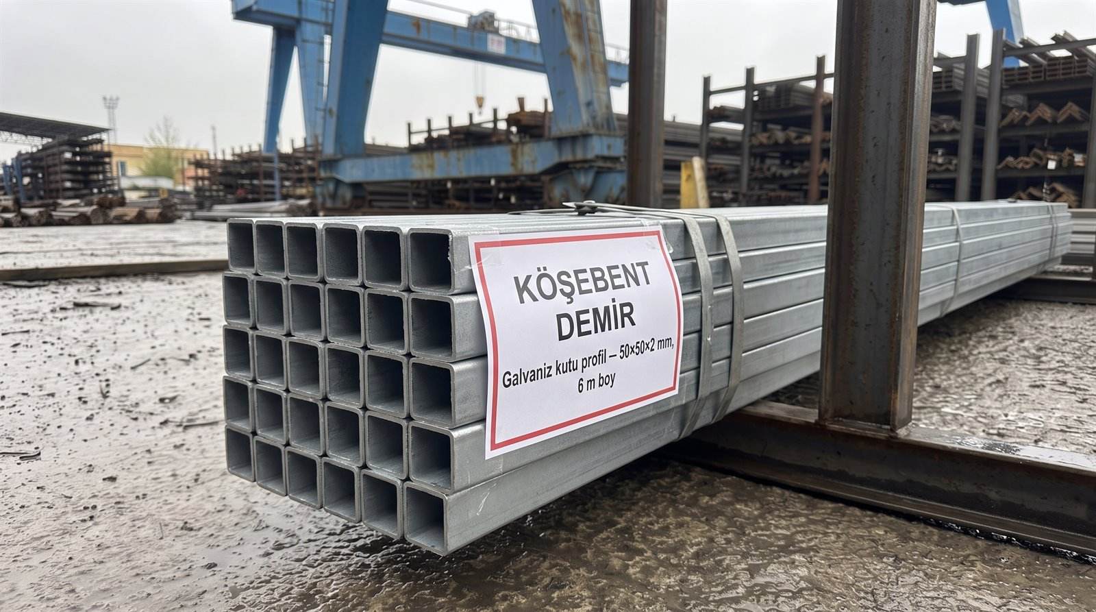 Galvaniz kutu profil 50×50×2 mm, 6 m boy — açık stok sahasında demet