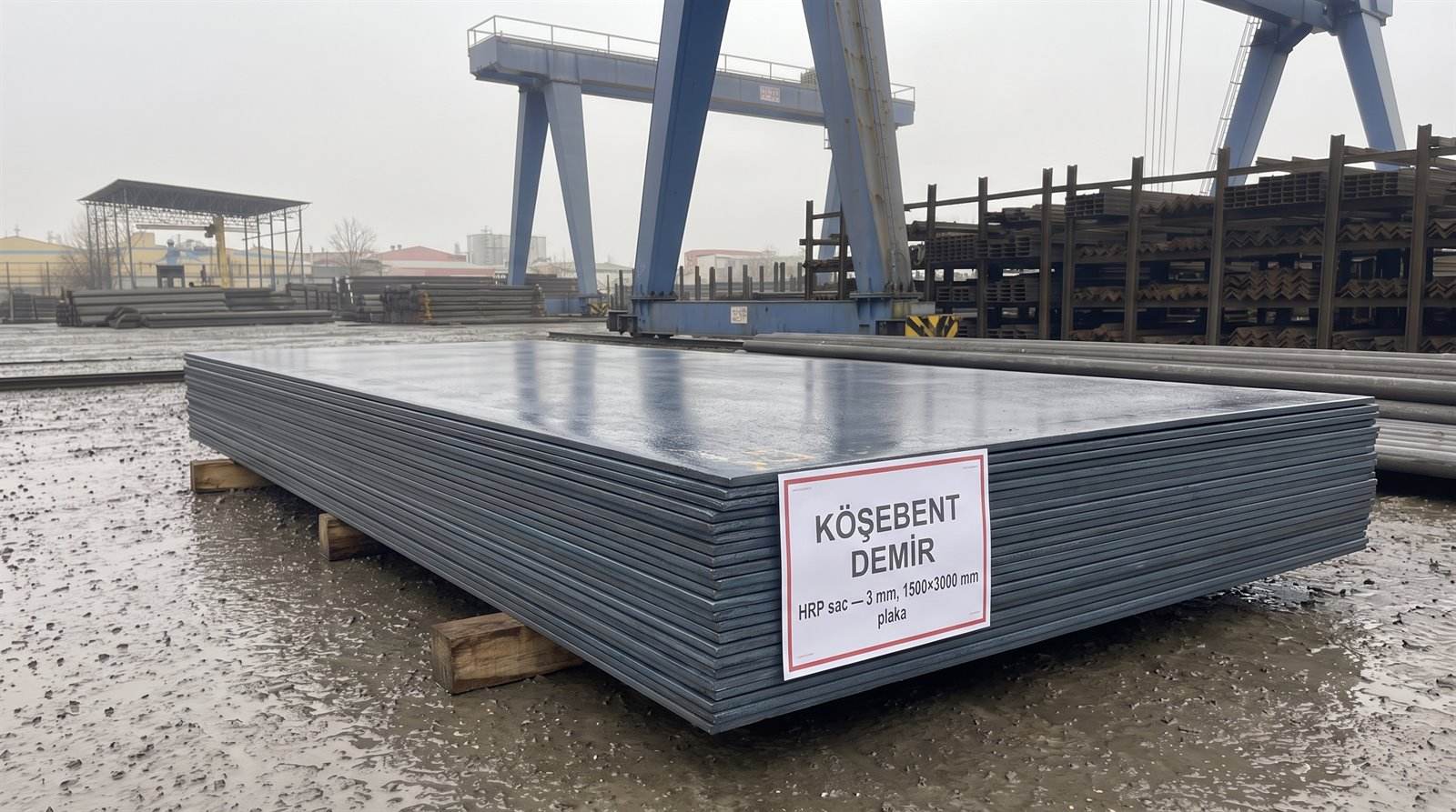 HRP sac 3 mm, 1500×3000 mm plaka — açık stok sahasında demet