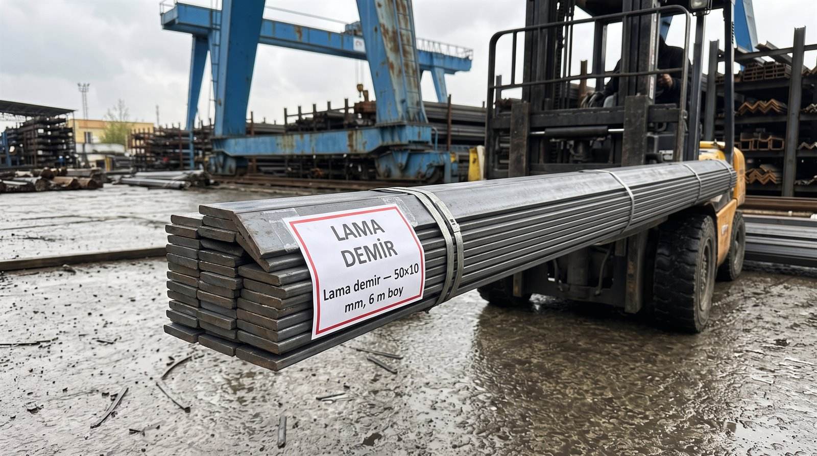 Lama demir 50×10 mm, 6 m boy — açık stok sahasında demet