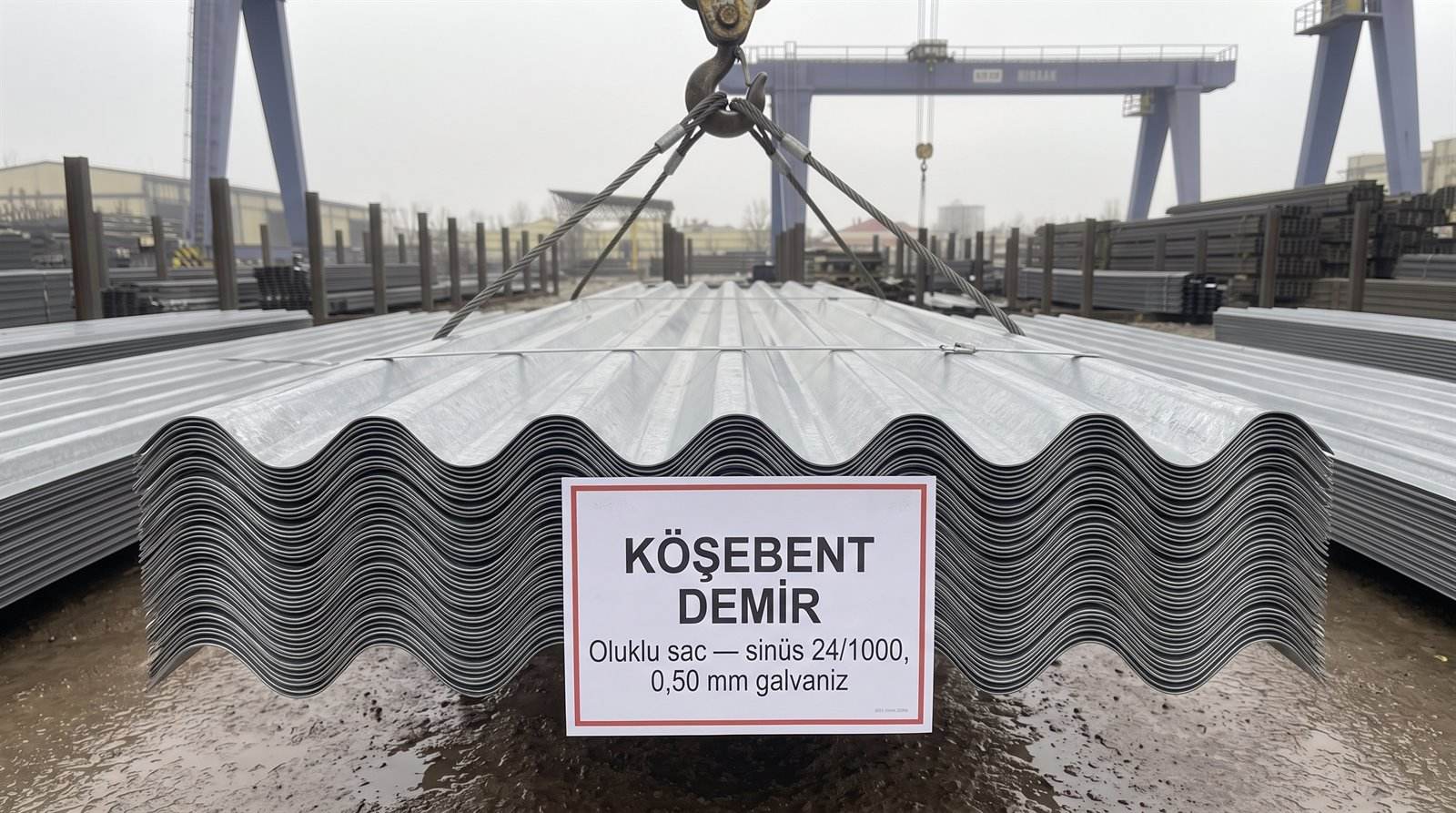 Oluklu sac sinüs 24/1000, 0,50 mm galvaniz — açık stok sahasında demet