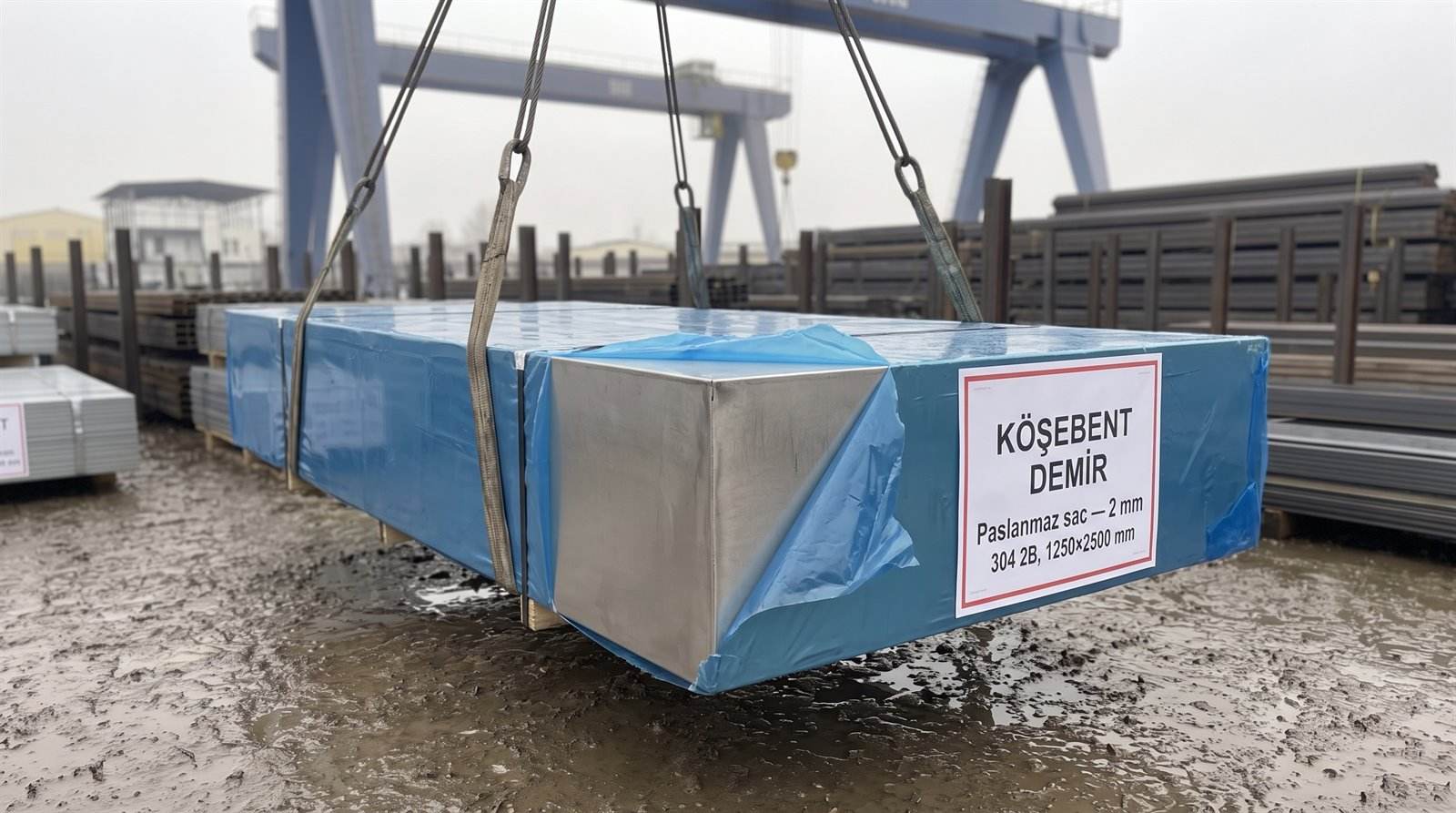 Paslanmaz sac 2 mm 304 2B, 1250×2500 mm — açık stok sahasında demet