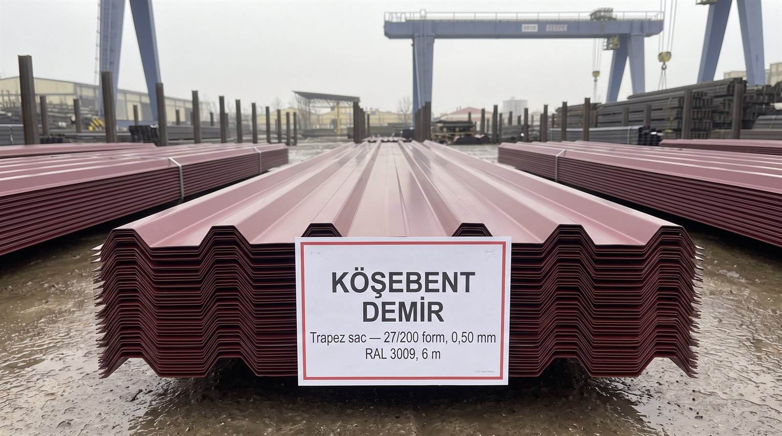 Trapez sac 27/200 form, 0,50 mm RAL 3009, 6 m — açık stok sahasında demet